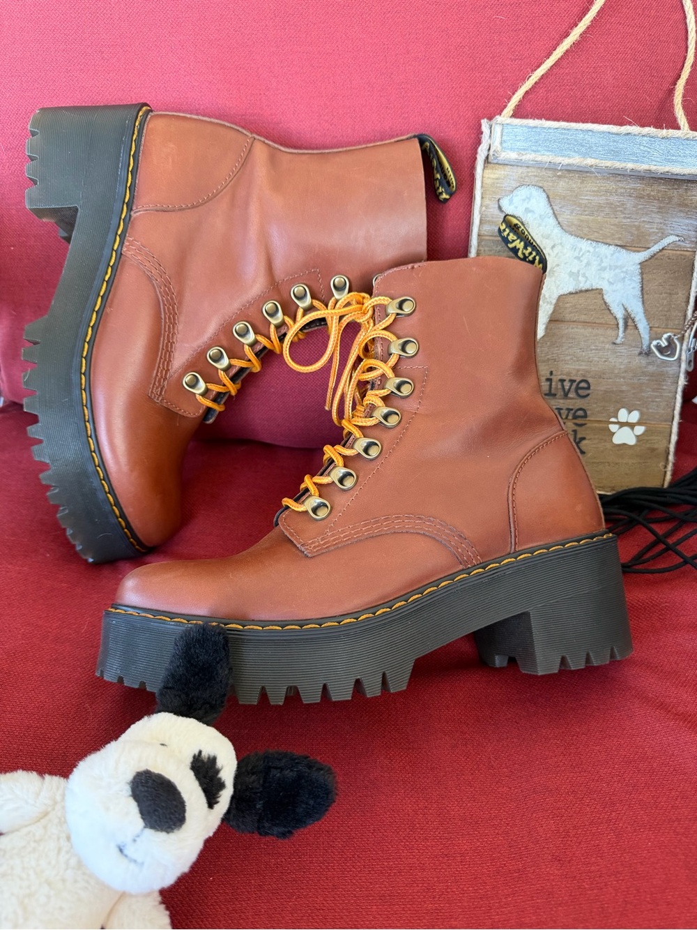 Dr. Martens LEONA Brown Leather Lace-Up Platform Boots - Picture 4 of 11